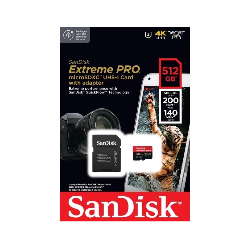 SanDisk Extreme Pro A2 512Gb Class 10 V30 microSDXC (UHS-1 U3) Memory Card (R200MB/s,W140MB/s) (adapter)
