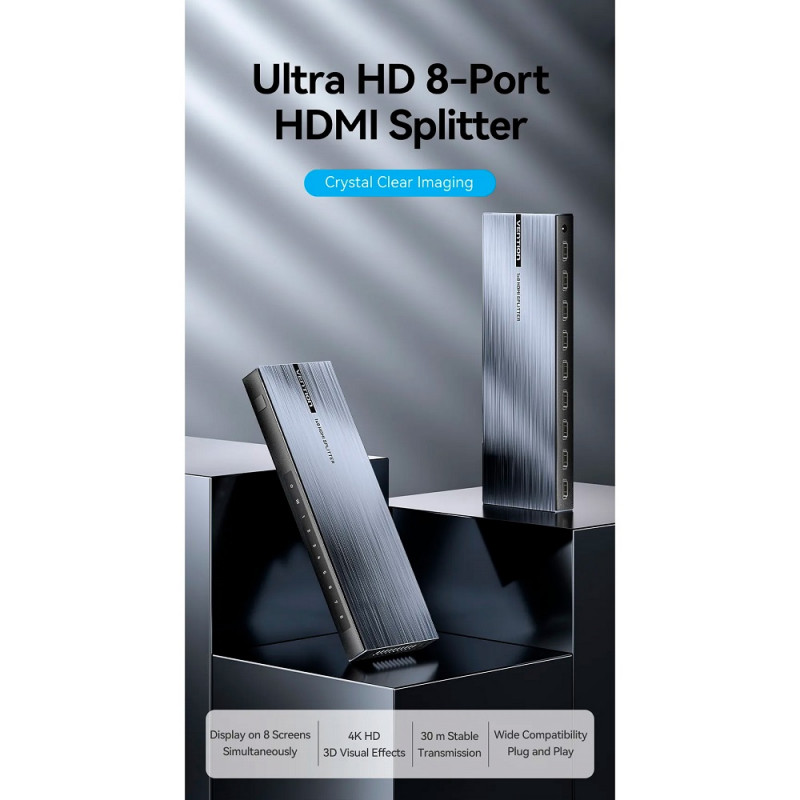 Сплітер Vention 4K 1x8 HDMI Splitter Black Aluminum Alloy Type EU Standard