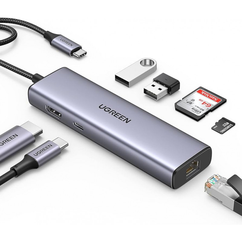 USB-хаб UGREEN CM512 USB-C to 2*USB3.0+HDMI+RJ45+SD&TF +PD port Converter