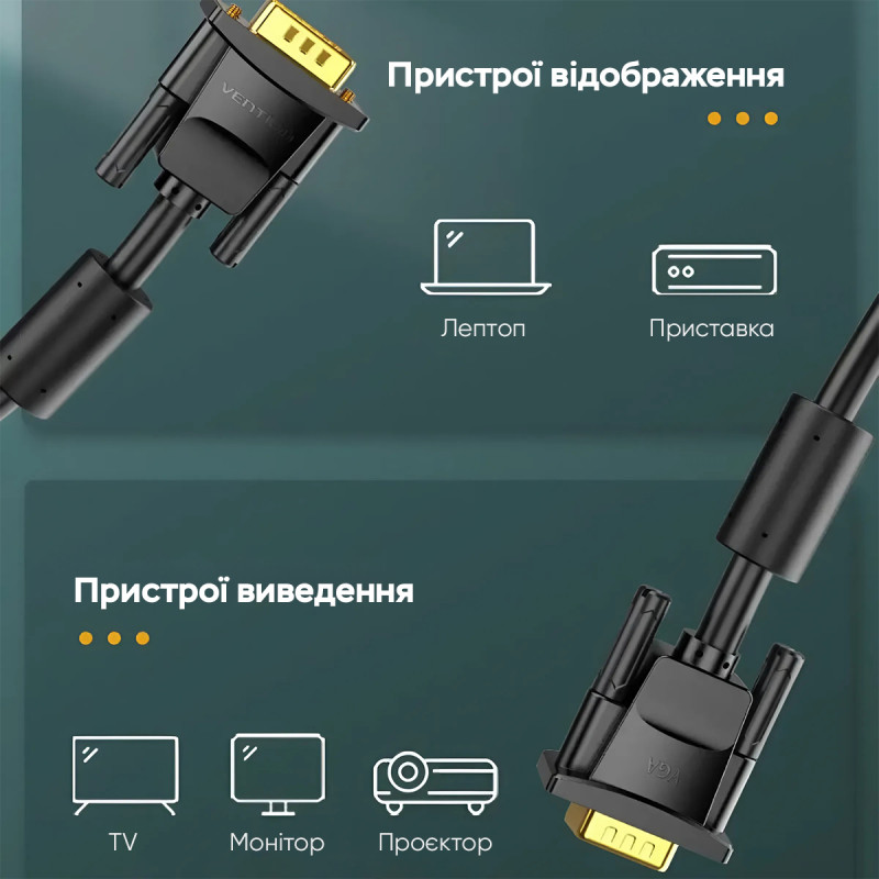 Кабель Vention VGA(3+6) Male to Male Cable with ferrite cores 5M Black (DAEBJ)
